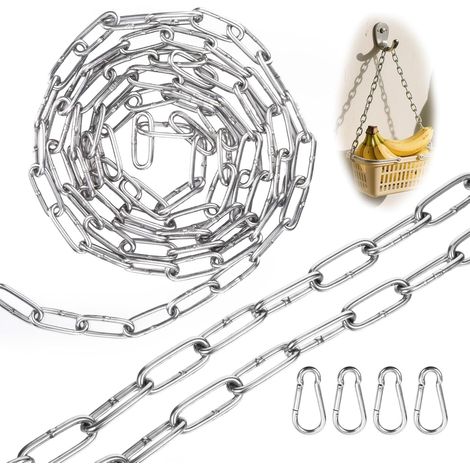 2 x Stainless Steel Chain by the Metre 1 m 3 mm with 4 Carabiners for Clothesline, Dog Leash, Hanging Chair, Plant Hanging Chain (1/5)