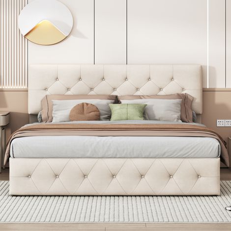 Lit 160×200 cm - hydraulique - tissu en velours - lit double 160×200 cm - beige (1/5)