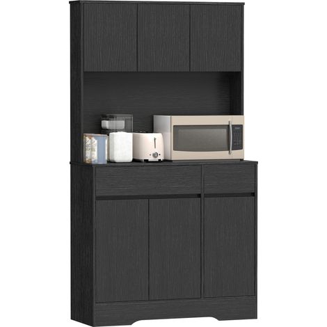 Buffet de cuisine avec plan de travail, 6 portes, armoire haute de rangement avec étagères, noir