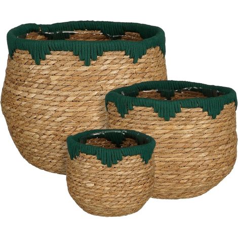 Lot de 3 Paniers à Plantes Jorck en Jonc de Mer et Coton, Paniers de Rangement Marron et Vert - PANGIVO (1/4)