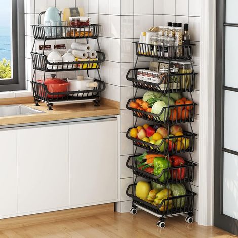 Paniers en Fil métallique avec Roues, bacs de Rangement empilables Étagère pour Organisateur de Cuisine 3-4-5-6 Niveaux Chariot de Fruits et légumes Vaisselle Étagères saisonnières (1/5)