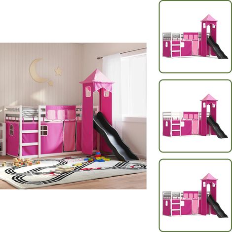 The Living Store Etagenbett mit Rutsche und Gardinen Rosa 90x200 cm - Kinderbett