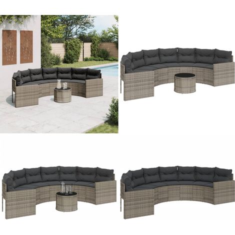 Gartensofa mit Tisch und Kissen Halbrund Grau Poly Rattan - Gartensoras - Outdoor Sofa - Halbrunder Gartensofa - Lounge Set - Gartenmöbel - Home & Living (1/5)