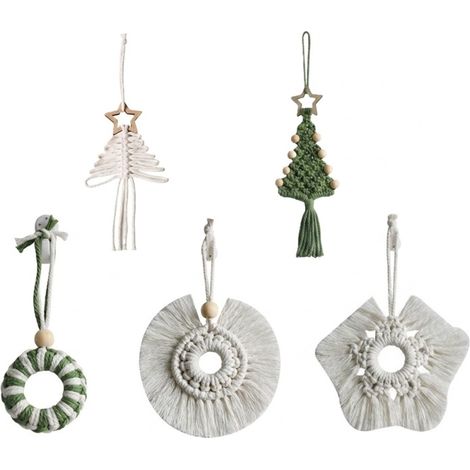 Ensemble de 5 décorations de Noël en macramé tissées à la main en coton Irovami, style bohème, à suspendre au mur du sapin ou dans le salon pour les fêtes. (1/5)