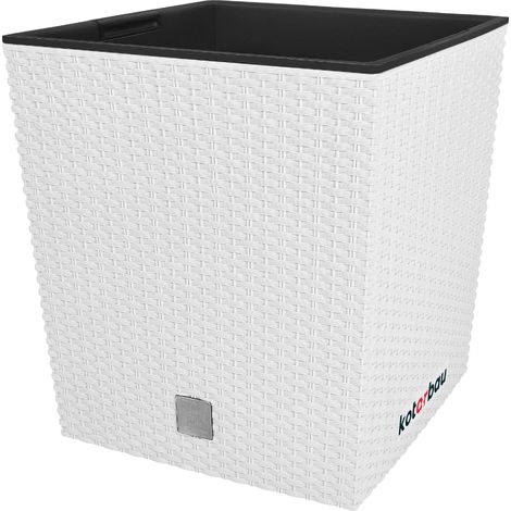 KOTARBAU® Kotarbau® Pot de Fleur Exterieur 32 x 32 cm - avec Insert Intérieur Pot Plastique Plante 32 L - Pot de Fleur Carré - Aspect Rotin - Blanc (1/5)