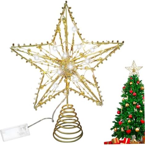 Cimier de sapin de Noël, étoile lumineuse, cimier de sapin de Noël creux 3D, alimenté par batterie, cimier de sapin de Noël étoile LED, doré (1/5)