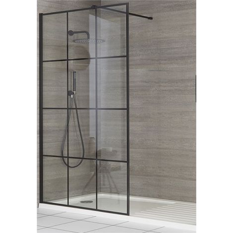 Milano Barq Black Recessed Walk In Wet Room Shower Enclosure with Grid Pattern Screen Support Arm and White Tray with Drying Area - 1400mm x 900mm (1/5)