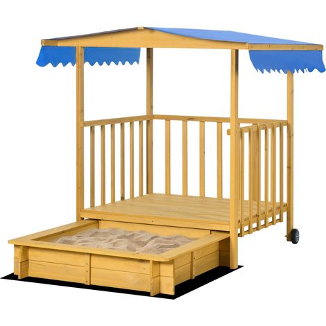 Sandkasten Mit Dach Holz Sandbox Mit Spielhaus, Rollen, Für 3-8 Jahre, 133X129X137,5Cm, Garten, Natur
