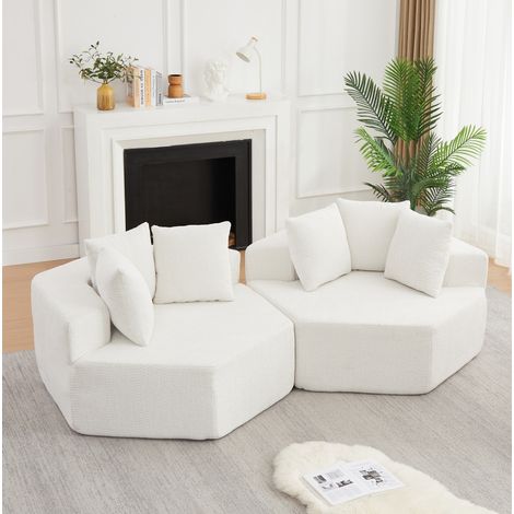 Sofá lounge modular hexagonal de chenilla con cojines, espuma de alta densidad y muelles, base antideslizante para salón - beige