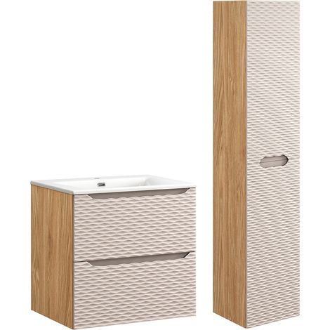Ensemble meuble simple vasque encastrée 60cm et colonne Elora Beige et bois (1/5)