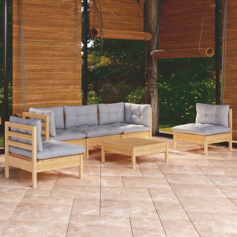 Salon de jardin 6 pcs Ensemble Table et Chaise de Jardin - avec coussins gris Bois de pin massif BV637184 - BonneVie (1/5)