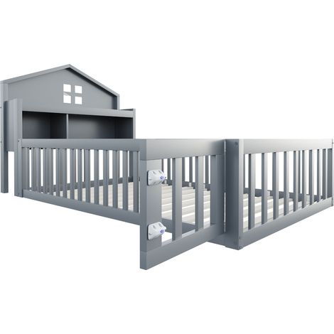 Cama infantil tipo casa 90 x 200 gris con almacenaje, barrera, puerta y somier de láminas (1/5)