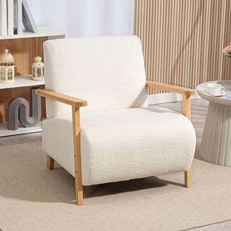 Lounge-Sessel, Bezug aus Bouclé-Wollimitat, Massivholzgestell, für Wohnzimmer und Schlafzimmer, cremefarben