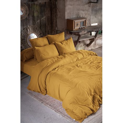 Parure de draps 4 pièces & 5 pièces "Gaïa" Gaze de Coton - Gaïa Safran - Parure de draps 4 pièces (1 Drap plat 240 x 300 + 1 Drap housse 160 x 200 + 2 Taies 60 x 60) - Gaia Safran - (1/2)