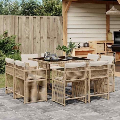 9-tlg. Garten-Essgruppe mit Kissen Beige Poly Rattan (1/5)