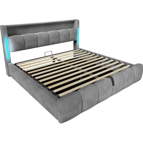 Lit coffre 180x200, lit capitonné velours gris avec éclairage LED, tête de lit avec rangement intégré, ports USB et Type-C. (1/5)