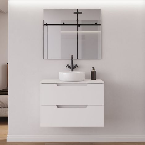 Meuble de salle de bain 60cm avec plateau et vasque à poser ronde - 2 tiroirs - blanc mat - SONRIZA (1/5)