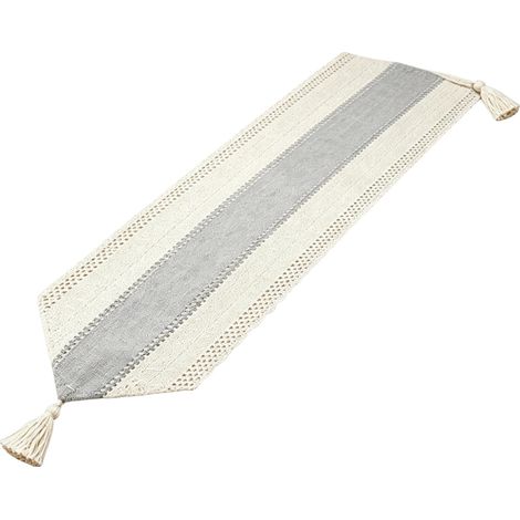 Chemin de table, design géométrique, pompons faits main, Gris Clair 30X180Cm (1/2)