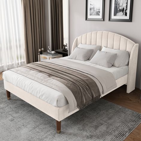 Lit rembourré moderne 140x190 cm en velours beige avec tête de lit haute et sommier à lattes (1/5)