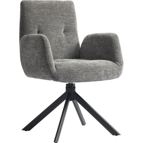 Sessel Drehbar Loungesessel mit Armlehne, Wolle-Leinenoptik, modern Polsterstuhl mit Knopfheftung, Stahlbeine, für Wohnzimmer, Schlafzimmer, Dunkelgrau