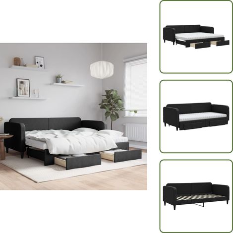 Tagesbett Ausziehbar mit Schubladen Schwarz 90x200 cm Stoff - Schlafzimmermöbel - Sofa Bett - Gästebett - Ausziehbares Bett - Tagesbett (1/5)