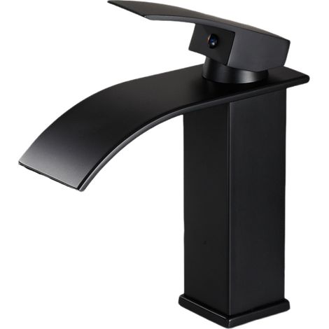 Grifos de lavabo tipo cascada negros - Grifo mezclador de baja altura con manguera flexible para lavabo de encimera (1/3)