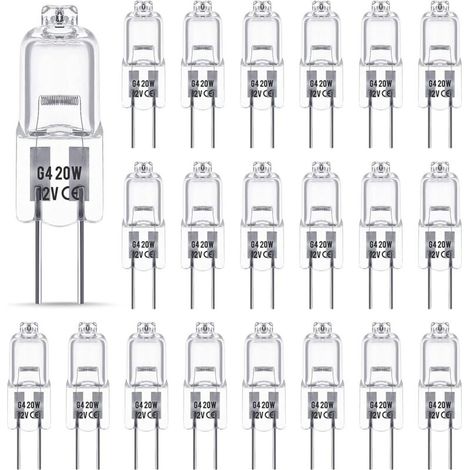 Bombillas halógenas G4 de 12 V – 20 W, blanco cálido 3000 K, 350 lm, regulables, cápsula transparente – Paquete de 20