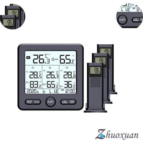 Drahtlose Wetterstation mit Anzeige von Uhrzeit, Kalender, Wochentag, Luftfeuchtigkeit (innen/außen), Temperatur, Temperatur- und Luftfeuchtigkeitstrends sowie Komfort- und Temperaturaufzeichnung. (1/5)