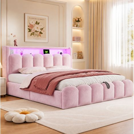 Lit coffre 180x200 capitonné en velours avec LED, USB et USB-C, rose HAVRYA (1/5)