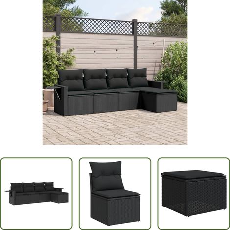 vidaXL Rattanmöbel - 5-tlg. Garten-Sofagarnitur mit Kissen Schwarz Poly Rattan (1/5)