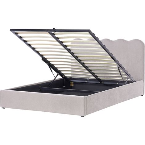Cama con somier tapizado de chenilla 160 x 200 cm con cabecero espacio almacenaje elevable gris pardo Nanterre