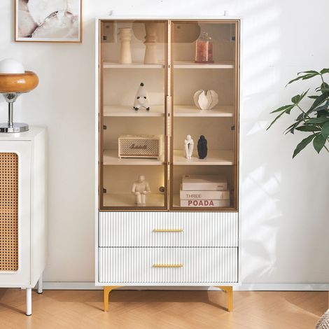 Vitrine 70x35x150 cm blanche en panneaux de particules avec portes en verre fumé, LED, 2 tiroirs et étagères réglables (1/5)