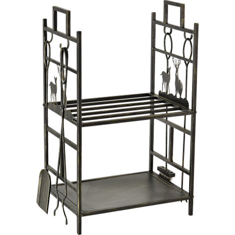 Porte-bûches range bûches étagère à bois de cheminée serviteur de cheminée cerf multi-accessoires 2 étagères dim. 51,5x33x77 cm (1/5)
