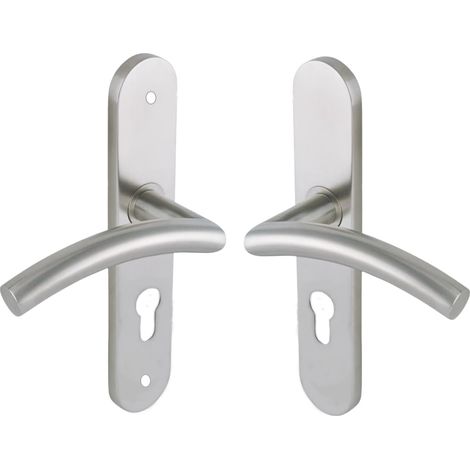Set de Poignée de Porte sur Grande Plaque - Béquille Virgule - Version Clé I pour Porte d’Entrée, Cave, Bureau, Garage - Entraxe 195 mm - Pose Facile - Acier Inoxidable (1/4)