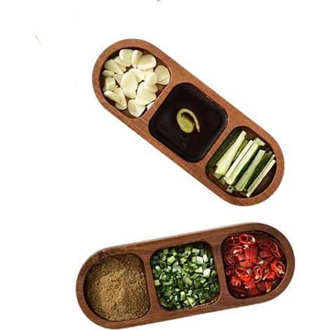 Kleines Serviertablett aus Holz, 20,32 x 7,52 x 5,08 cm, 3-teiliges Serviertablett, bestehend aus einer Saucenschale und einem Holzteller für Vorspeisen, Hors d'oeuvres, Obst usw. (1/5)