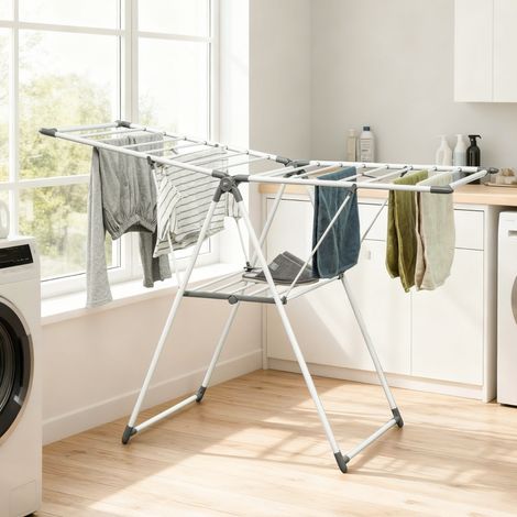 Étendoir à linge pliable 2 niveaux, 1,565 m de longueur de séchage, ailettes réglables, blanc – idéal pour appartement, balcon et intérieur (1/4)