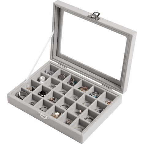 Schmucktablett – 24 Fächer – Grauer Samt – Transparenter Deckel – Abschließbare Box – Für Damen (1/5)