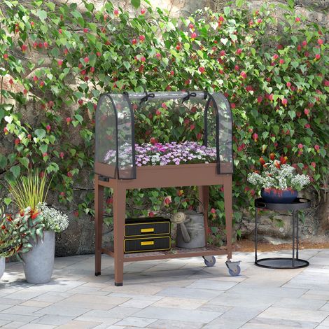 Jardinière surélevée avec bâche transparente. 2 roulettes et 1 étagère inférieure. dim. 80L x 40l x 120H cm