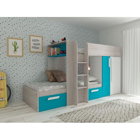 Etagenbett 285x148 2 cm Himmelblau Eiche und Mattweiß mit Kleiderschrank - Albenga