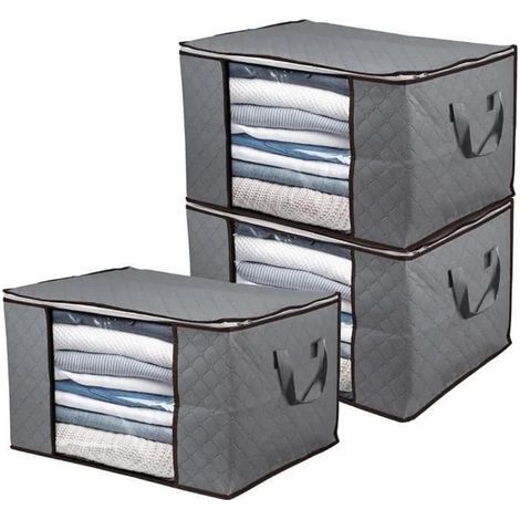 Sac de Rangement Vetement Lot de 3 - Non-Tissé - Gris - Grande Capacité (1/4)