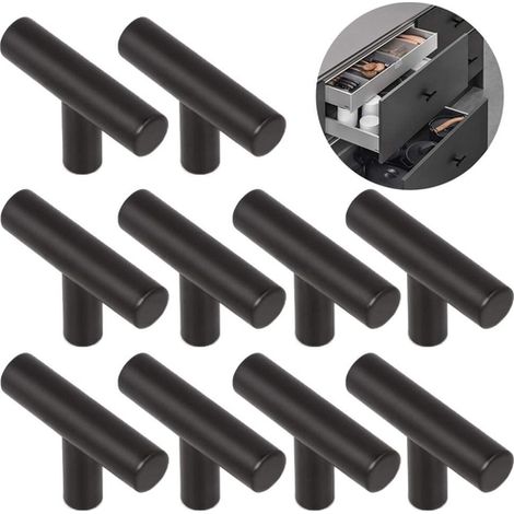 10 Pièces Poignée Meuble de Cuisine Bouton de Porte Acier Forme de T Bouton de Armoire Noir 6CM (1/5)