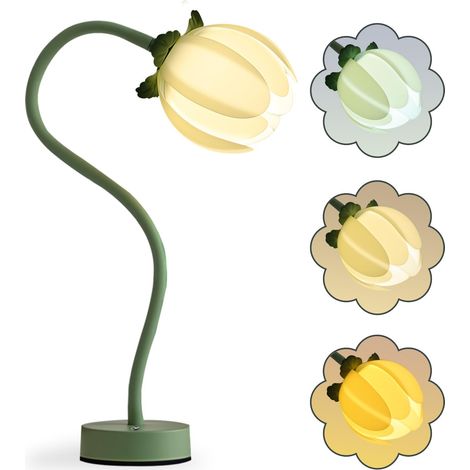 Lampe vintage en forme de tulipe – Veilleuse florale rechargeable à 3 couleurs à intensité variable, col de cygne pliable à 360°, lampe de table en métal sans fil pour décoration de chambre