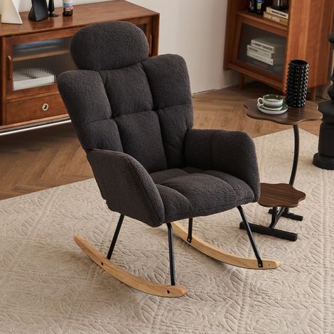 Fauteuil à bascule 055 en tissu peluche doux et capitonné, assise rembourrée, pour salon ou chambre, gris foncé – confort ergonomique (1/4)