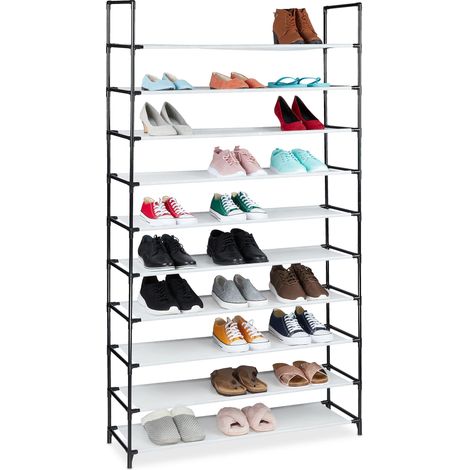 Relaxdays plug-in shoe rack, XXL shoe organiser, storage, 10 tiers, 50 pairs of shoes, modular system, white