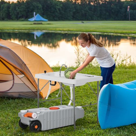 Réservoir d'eau portable de 75 litres avec indicateur de niveau. 3 roulettes et poignée pour camping