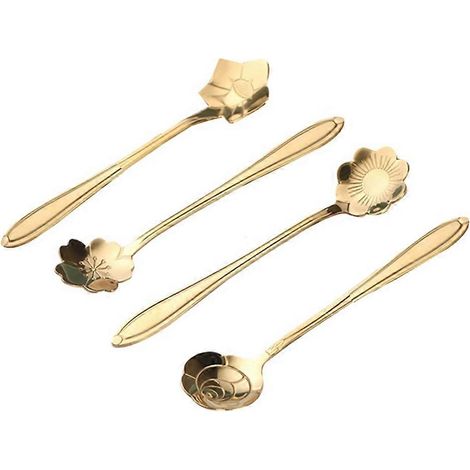 Ensemble de 4 pièces comprenant de jolies cuillères à café fleuries en acier inoxydable, des cuillères à dessert et des cuillères à roses dorées. (1/5)