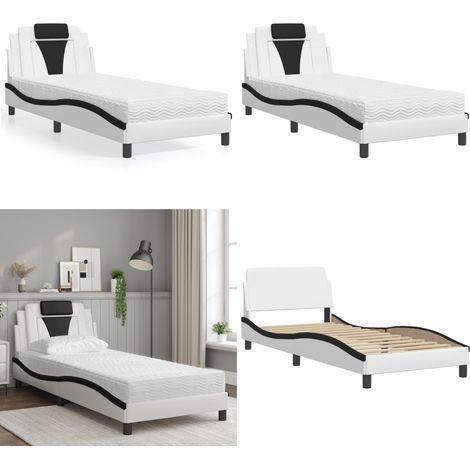 Bett mit Matratze Weiß und Schwarz 90x200 cm Kunstleder - Schlafzimmer Möbel - Doppelbett - Boxspringbetten - Bettenrahmen - Kunstleder Bett - Home & Living (1/5)