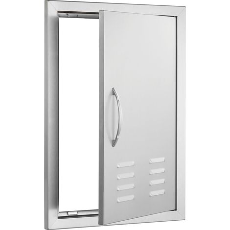Porte d'accès BBQ inox 610x431 mm, montage encastré, poignée, évents et crochet, pour îlot de cuisson extérieur et armoire de jardin. (1/5)