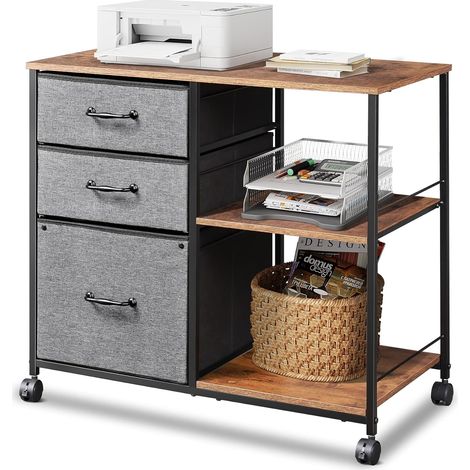 Caisson de bureau mobile avec 3 tiroirs et 2 espaces ouverts, meuble support imprimante pour bureau, marron et noir vintage (1/5)