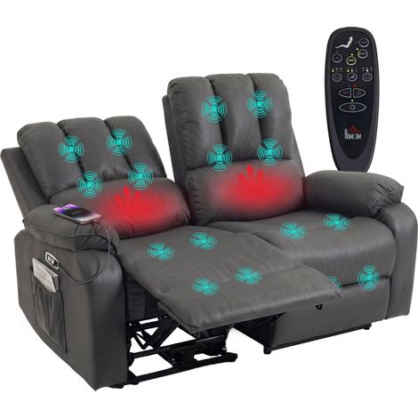 Canapé inclinable électrique 2 places en similicuir avec fonction massage et chauffage, 2 télécommandes, ports USB/USB-C (1/5)